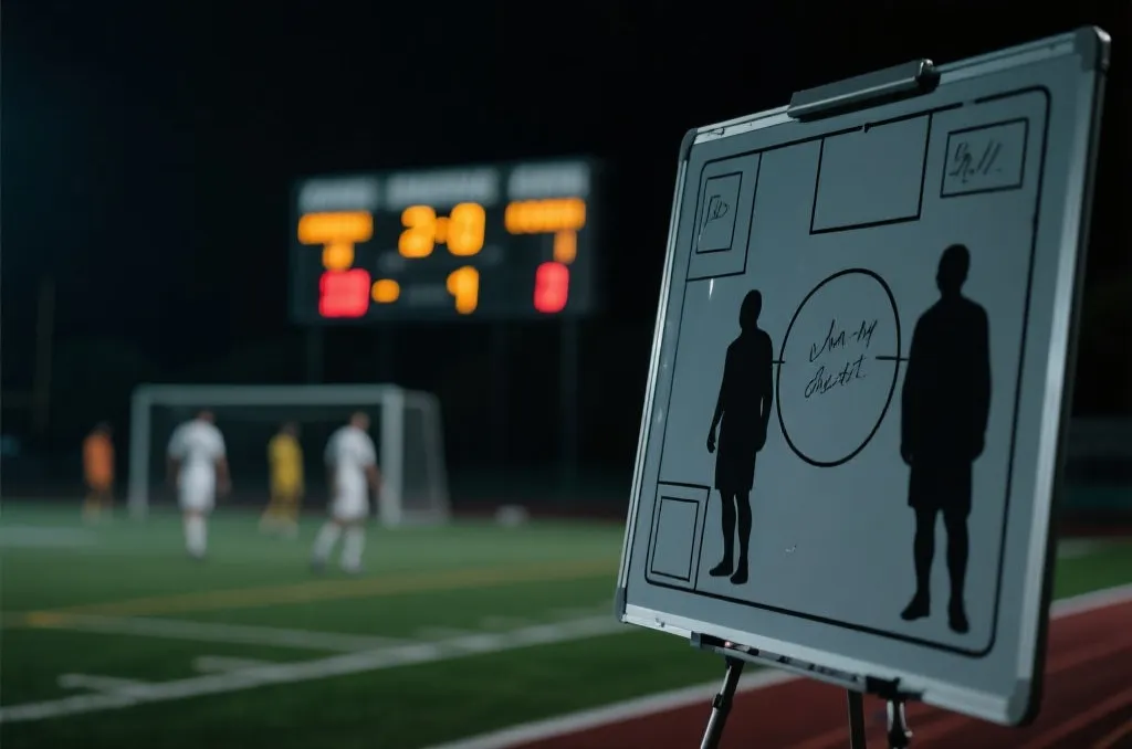 夜间球场记分牌与战术板，强调绝杀与点球的紧张氛围