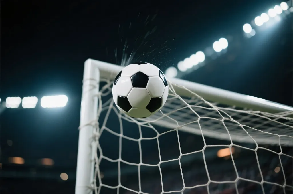 A close up of a soccer ball flying into the net of a goal post under dramatic stadium lighting
